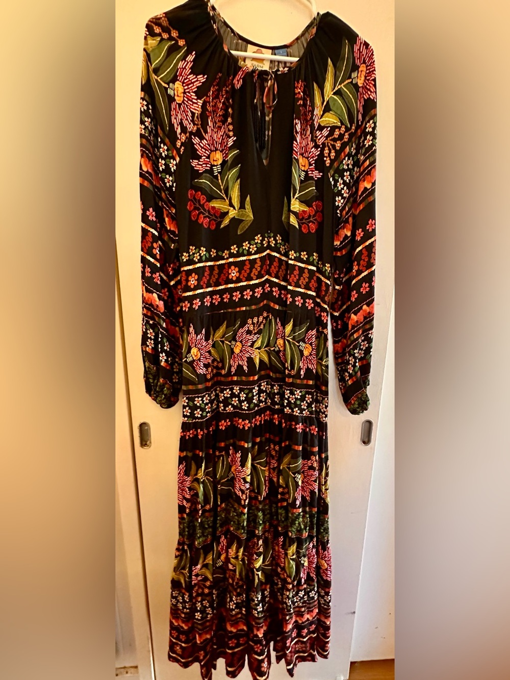 FARM Rio Black Floral Tiered Maxi Dress with Pink & Green Print
